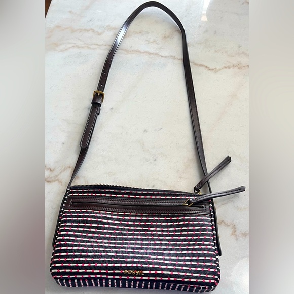 FOSSIL JENNA SMALL CROSSBODY BAG BLACK STRIPE WITH RED DOTS - Picture 1 of 7